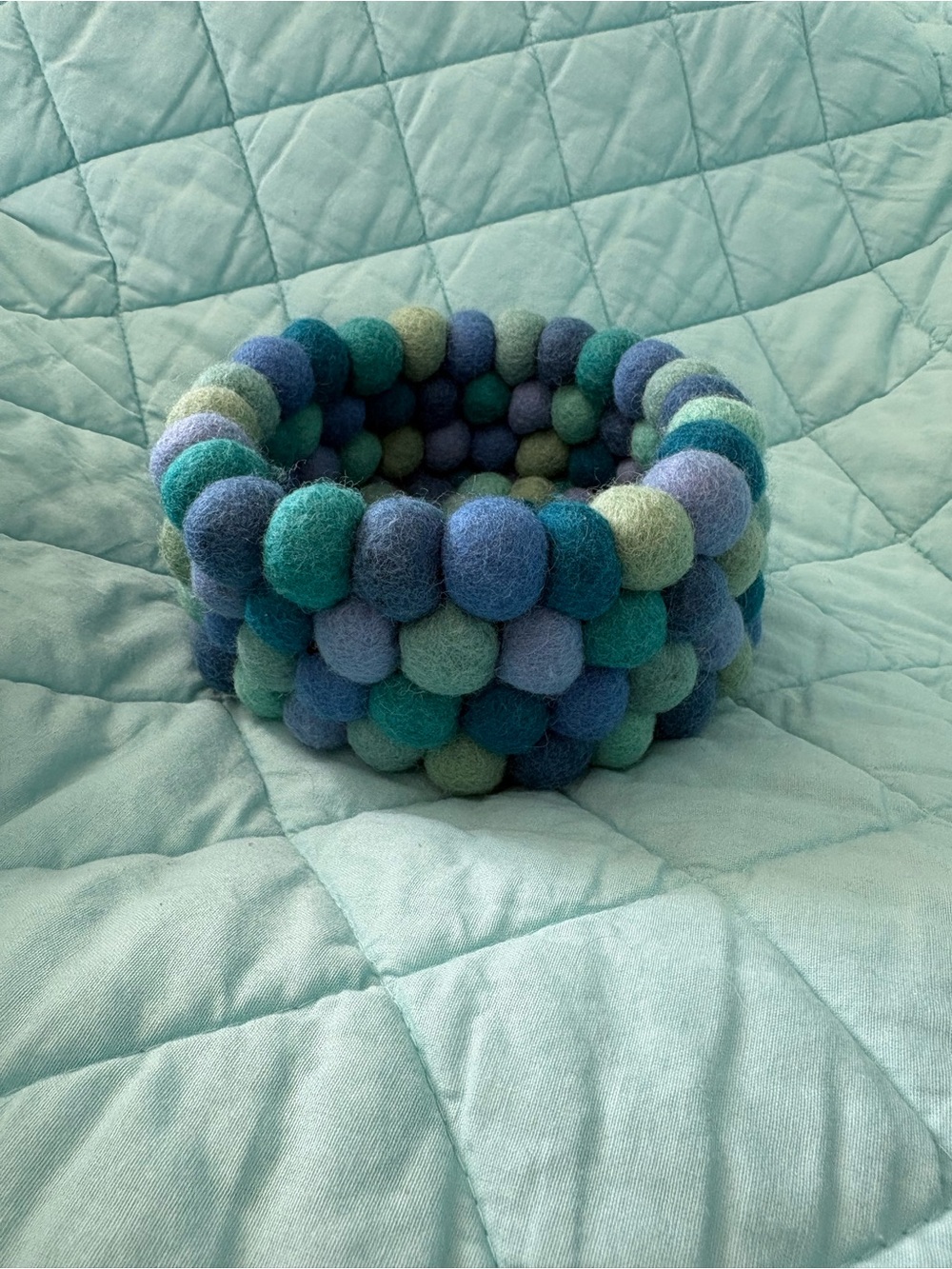 🩵🐑🥣 Cute Teal and Blue Felted Wool Ball Trinket Drop-zone Bowl